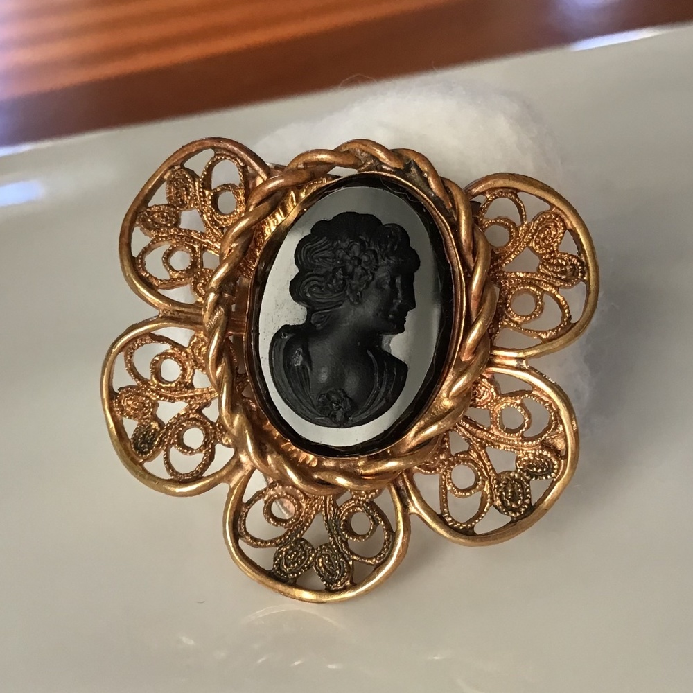 Vintage Cameo Filigree Clip Pin for Fur Scarf Shirt or Jacket